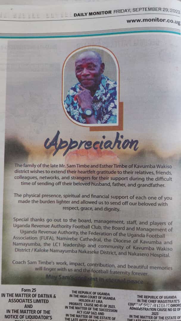 Appreciation from the Late Sam Timbe family to everyone who stood by them in the difficult times. Continue Resting in Eternal Peace Gaffer 🙏. #URAFC | #OneTeamOneDream