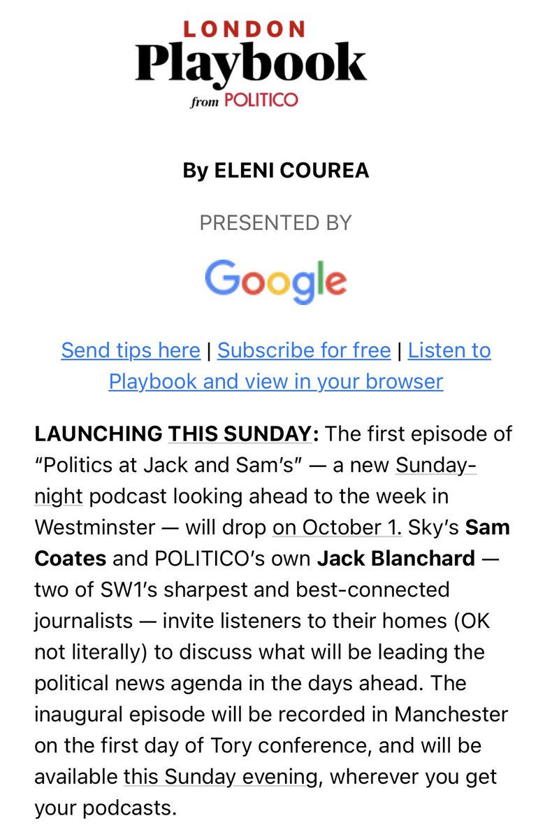 🎉Our new week-ahead-in-politics podcast launches this Sunday evening 🎉Politics at Jack and Sam’s - a collaboration between Sky and Politico 🎉With me and Jack Blanchard 🎉Arming you for the week ahead in just 30 mins. 🎉Dropping 630/7pm from podcast platforms