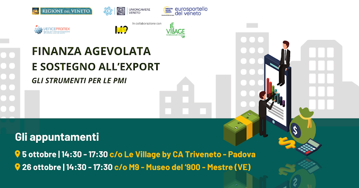 Invitalia's tweet photo. 🌐#Export |Strumenti di finanza agevolata per le #PMI
🗓️#5ottobre a #Padova per avere un quadro completo delle #agevolazioni a supporto dei processi di #internazionalizzazione con #SACE, #SIMEST, #Invitalia, #VenetoSviluppo, #Finest e #SMACT
⭕Iscrizioni👉🏼https://t.co/ErPBN1be2I https://t.co/fKSC6u15r3