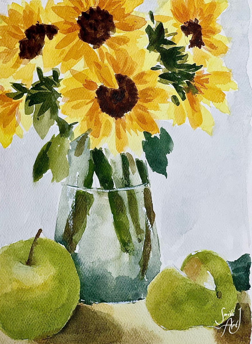 Apple grove so green,
Sunflowers in joyful scene,
Harvest's charm is seen 🌼

#watercolorflorals #watercolor #floralart #floral #Autumn #September