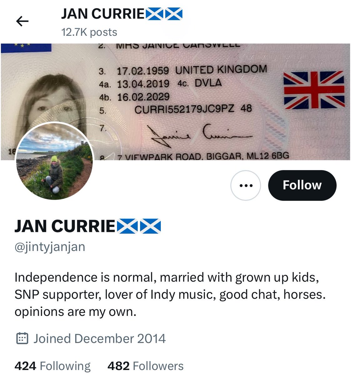 Me: unattributable email and telephone number, VPN, posting disinfo about my personal life Deranged Scottish Boomer screaming at politicians: Driving Licence in banner image