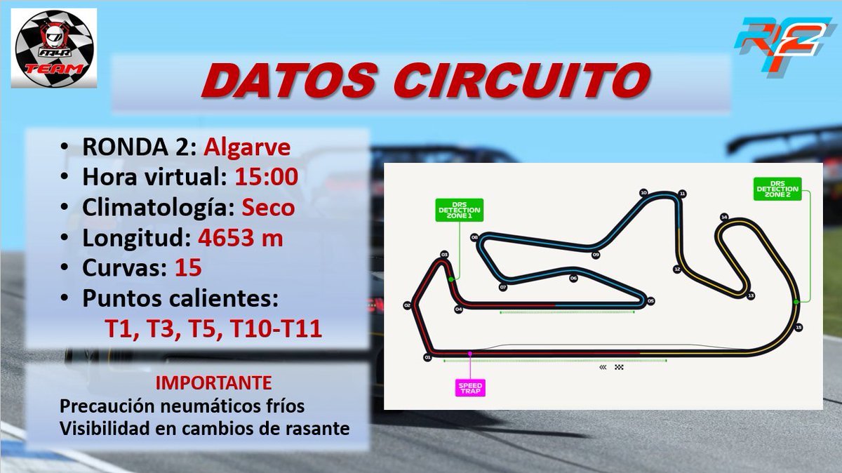 🔜🏁 Ya estamos listos para la siguiente carrera del campeonato GT3 en rFactor2.

2⃣🇵🇹 Lunes 02/10/23, ronda 2 desde el Autódromo Internacional do Algarve.

⏰👇
- 21:50 Briefing
- 22:00 Clasificación
- 22:15 Carrera
