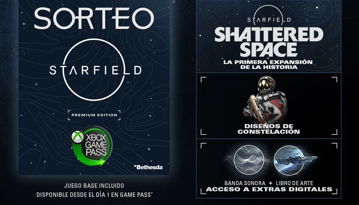 ¡SORTEO! 🏆 
Gana una copia digital de #Starfield PREMIUM EDITION completa. ¡Juego base incluido! Para participar:

✅ RP de este post
✅ Seguir el canal youtube.com/@XboxMedia

🗓️ Hasta el 6/10. ¡SUERTE!
 👇Bases bajo el post