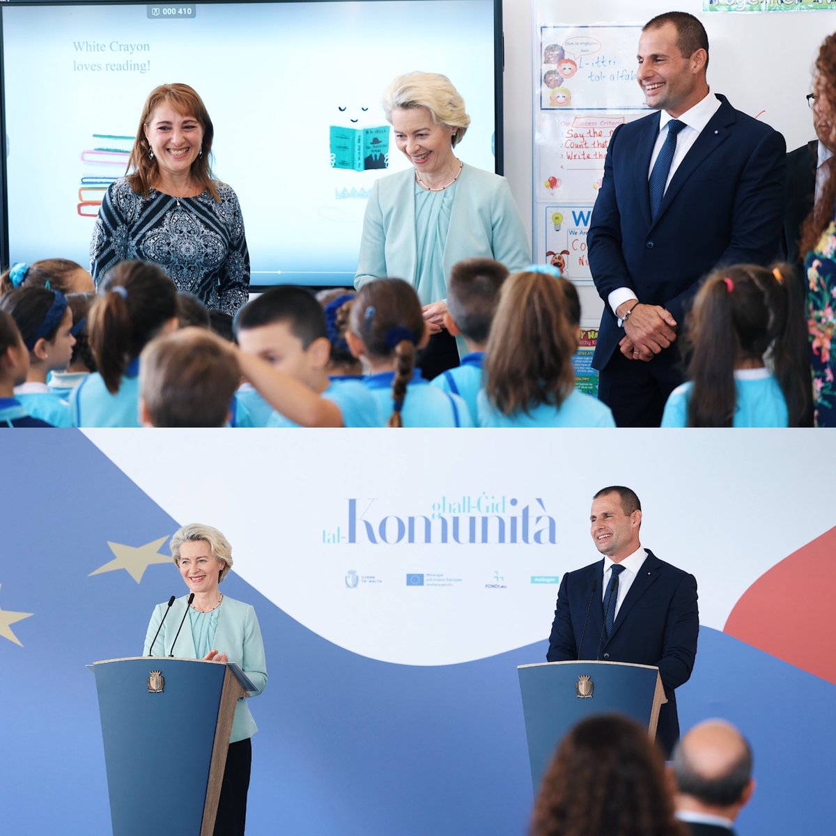 My pleasure visiting the investment at Nadur school with <a href="/vonderleyen/">Ursula von der Leyen</a>. This project, centered around sustainability, is equipping our children with the skills for the future. Geography should not hinder success, which is why Gozo is receiving a greater share of EU funds. - RA