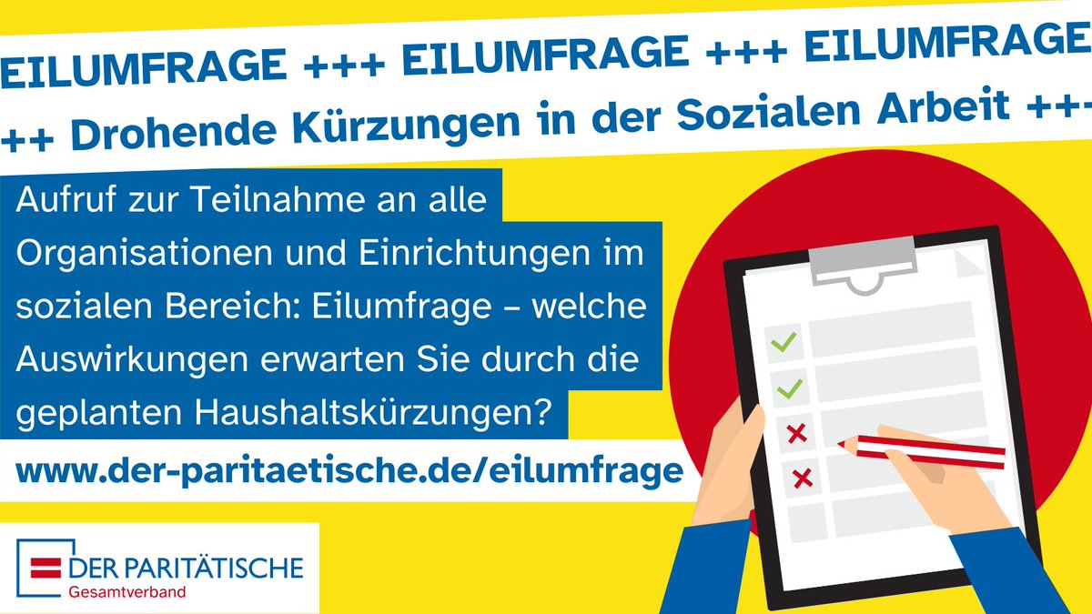 📢Aufruf zur Teilnahme an alle Organisationen und Einrichtungen im sozialen Bereich: Eilumfrage – welche Auswirkungen erwarten Sie durch Kostensteigerungen und geplante Haushaltskürzungen?
⌛️️Dauer: 10 Minuten
👉Jetzt mitmachen: der-paritaetische.de/eilumfrage
#SozialkürzungenStoppen