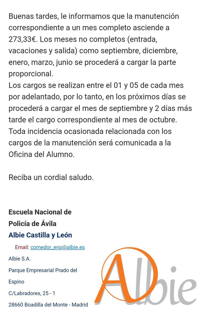 JupolNacional's tweet image. Compañeros de la #PromociónXXXIX de la #ENP nos trasladan una práctica totalmente abusiva.

Albie NO ES NADIE para “amenazar” con dar cuenta a la oficina del alumno.

Los pagos deberían efectuarse a mes vencido y NO por adelantado.

JUPOL #ÁVILA ya está trabajando al respecto.