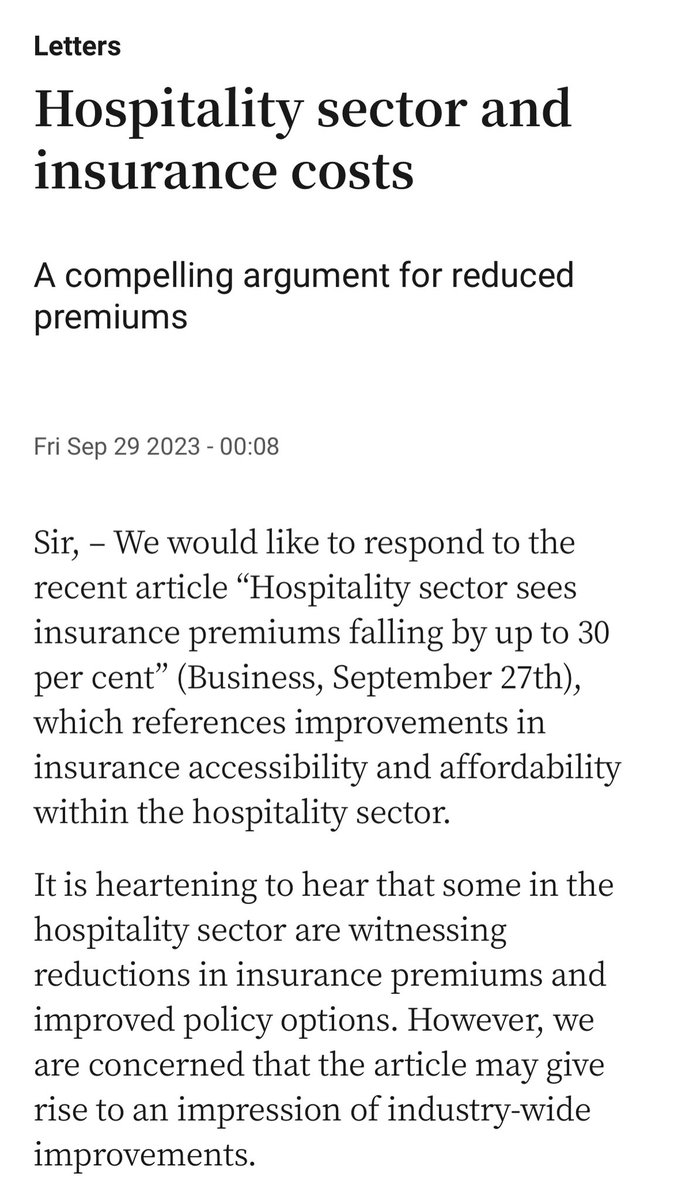Hospitality sector and insurance costs
- a compelling argument for reduced premiums, which have yet to be delivered say industry heads.

#InsuranceReform

 irishtimes.com/opinion/letter…