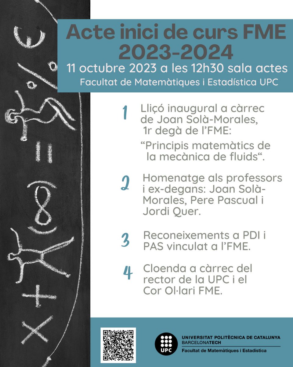 FME_UPC's tweet photo. Acte inici de curs FME 2023-2024 amb lliçó inaugural del professor Joan Solà-Morales.
📅11 d'octubre a les 12.30 h a la sala d’actes.  
👉Reconeixement especial a 3 ex-degans de l'FME. #CursBoxFME https://t.co/hkSKeCjkTc @MAT_UPC @la_UPC @soccatmat @CRMatematica @BGSMath https://t.co/zqEaO6BlY9