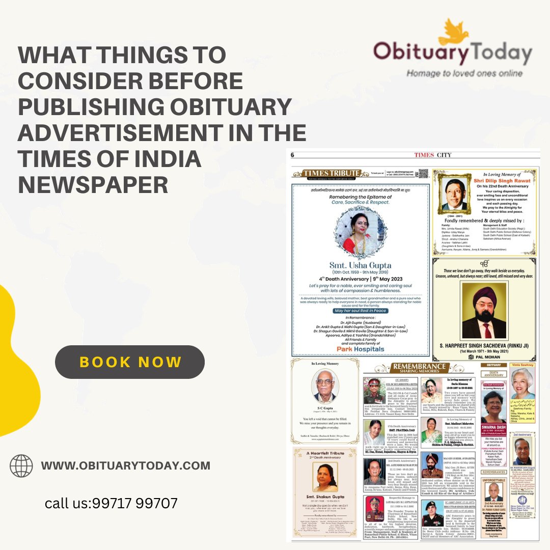 obituarytoday's tweet photo. What Things to Consider before Publishing Obituary Advertisement in The Times of India Newspaper for Delhi: Publishing an #obituary #advertisement in The Times of India for Delhi or any other newspaper is a significant. Read more: https://t.co/abEpcuNFQx https://t.co/UbXhxMJGUn