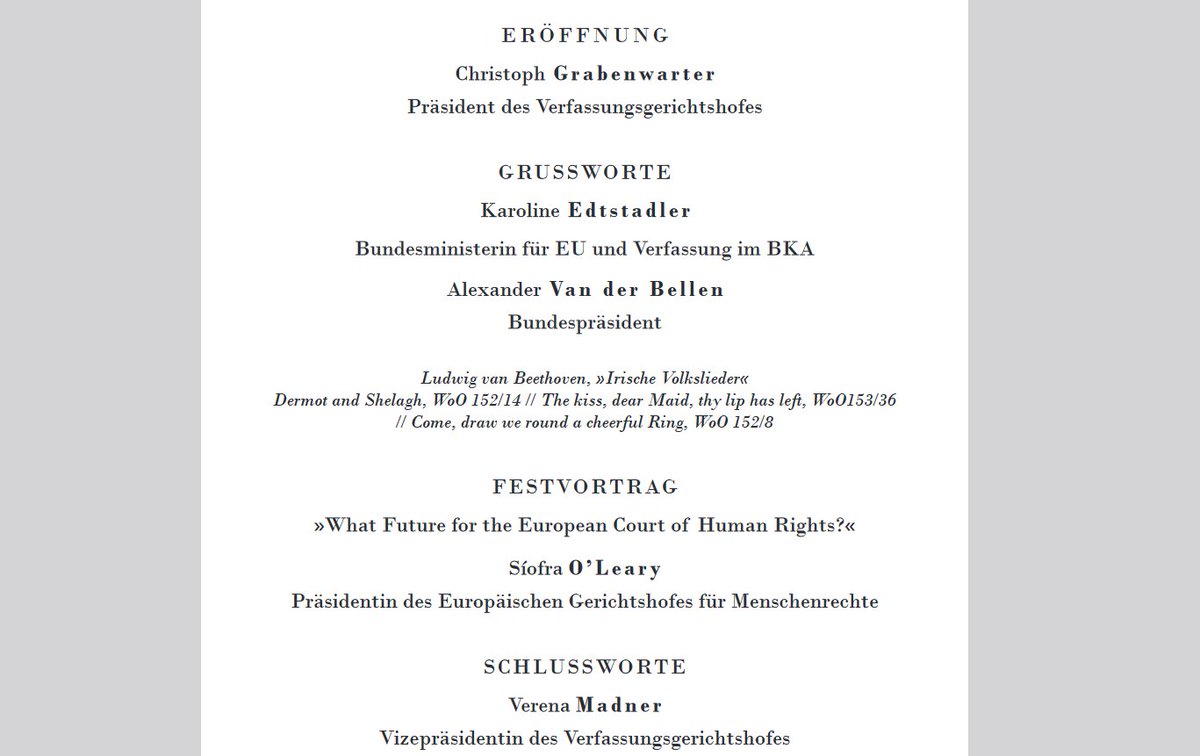 OeVfGH's tweet image. Welche Zukunft hat der #EGMR? Am Montag (2.10.) um 11h hält Präsidentin Síofra O´Leary am #VfGH die Festrede zum Verfassungstag ("Geburtstag" des B-VG am 1.10.). Wir freuen uns auch auf u.a. @vanderbellen und die BM Edtstadler, Rauch, Zadić. LIVESTREAM auf vfgh.gv.at