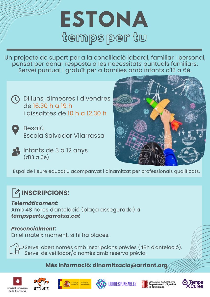 lluisguino's tweet photo. Proper dilluns torna projecte #tempspertu a l’Escola SVilarrasa x suport a la conciliació laboral i familiar 

de 1630h a 19h de DLL/DV

de 10h a 1230h els dissabtes

Per infants de 3/12 anys d’edat. @CCGarrotxa @igualtatcat @Aj_Besalu @Arriant_ https://t.co/DCuam1KgM3