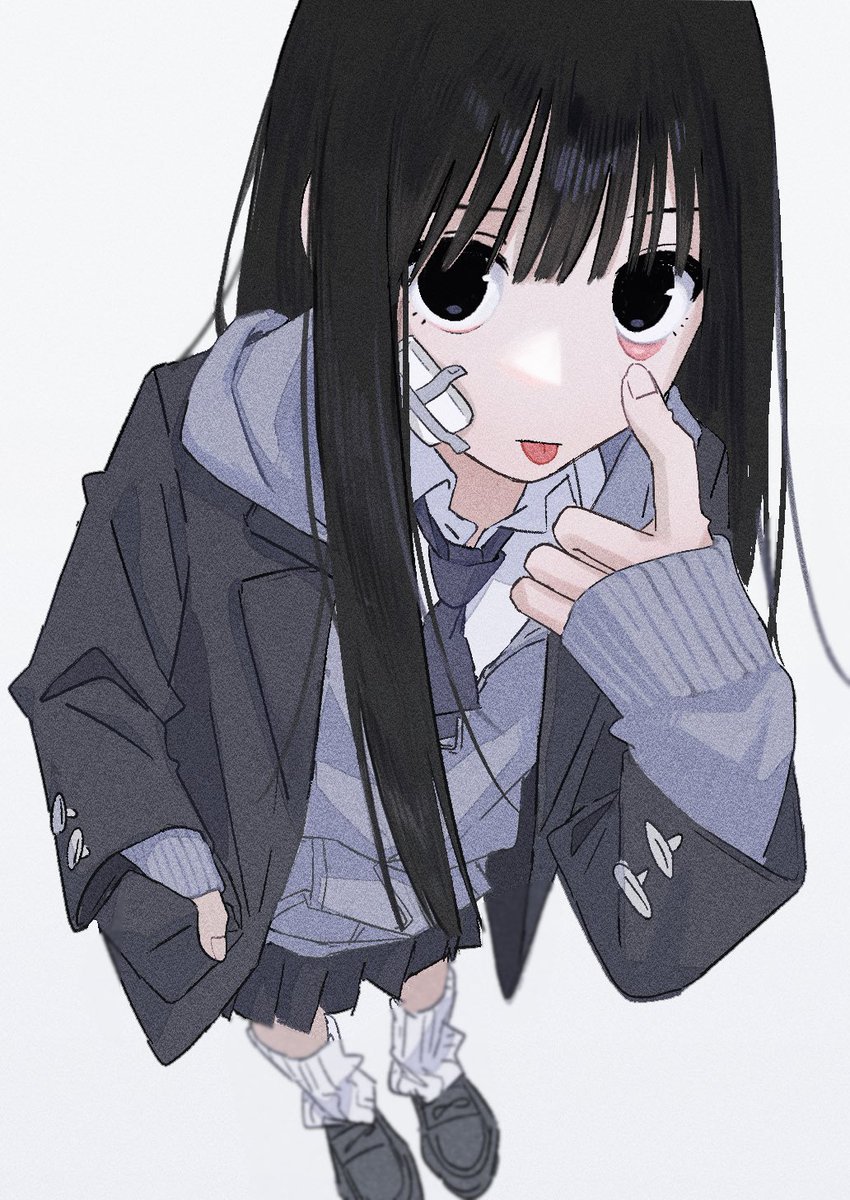 1girl akanbe solo tongue black hair tongue out black eyes  illustration images