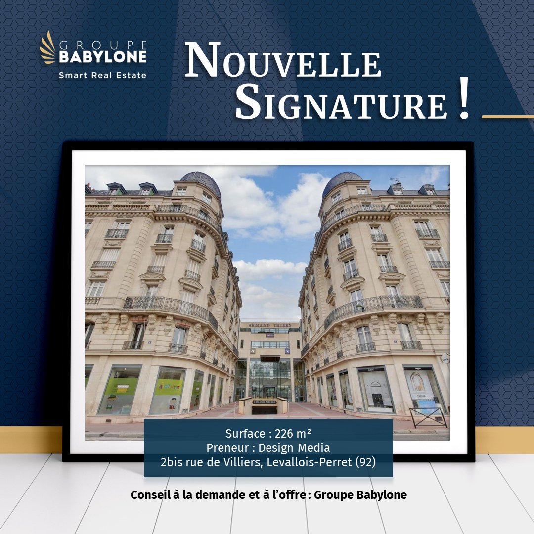 La société DESIGN MEDIA vient de prendre à bail 226 m² de bureaux au 2 bis rue de Villiers, à Levallois-Perret. Une transaction réalisée par le département Ile-de-France Ouest de Groupe Babylone, conseil des deux parties.