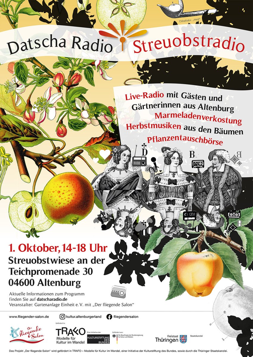 now online: our programme for the OrchardFruitRadio on 1 October. The program starts at 2 pm. You can hear us on datscharadio.de or locally around the meadow on FM 90.6, in Berlin on 88.4, in Potsdam 90.7. and also on cashmereradio.com datscharadio.de/en/blog/2023/0…