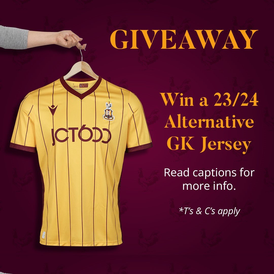 bantamsdirect's tweet photo. ⌛️Don't miss your chance to WIN 23/24 Alternative GK jersey in the #bantamsdirect Giveaway 🎉

Remember, more entries = better odds of winning!

🎁 To enter:
-Follow👉@bantamsdirect
-RT this post
-Tag 2 Bantam friends.

📅Winners will be announced on Oct 6th.

#BCAFC https://t.co/ezDbhivGKJ