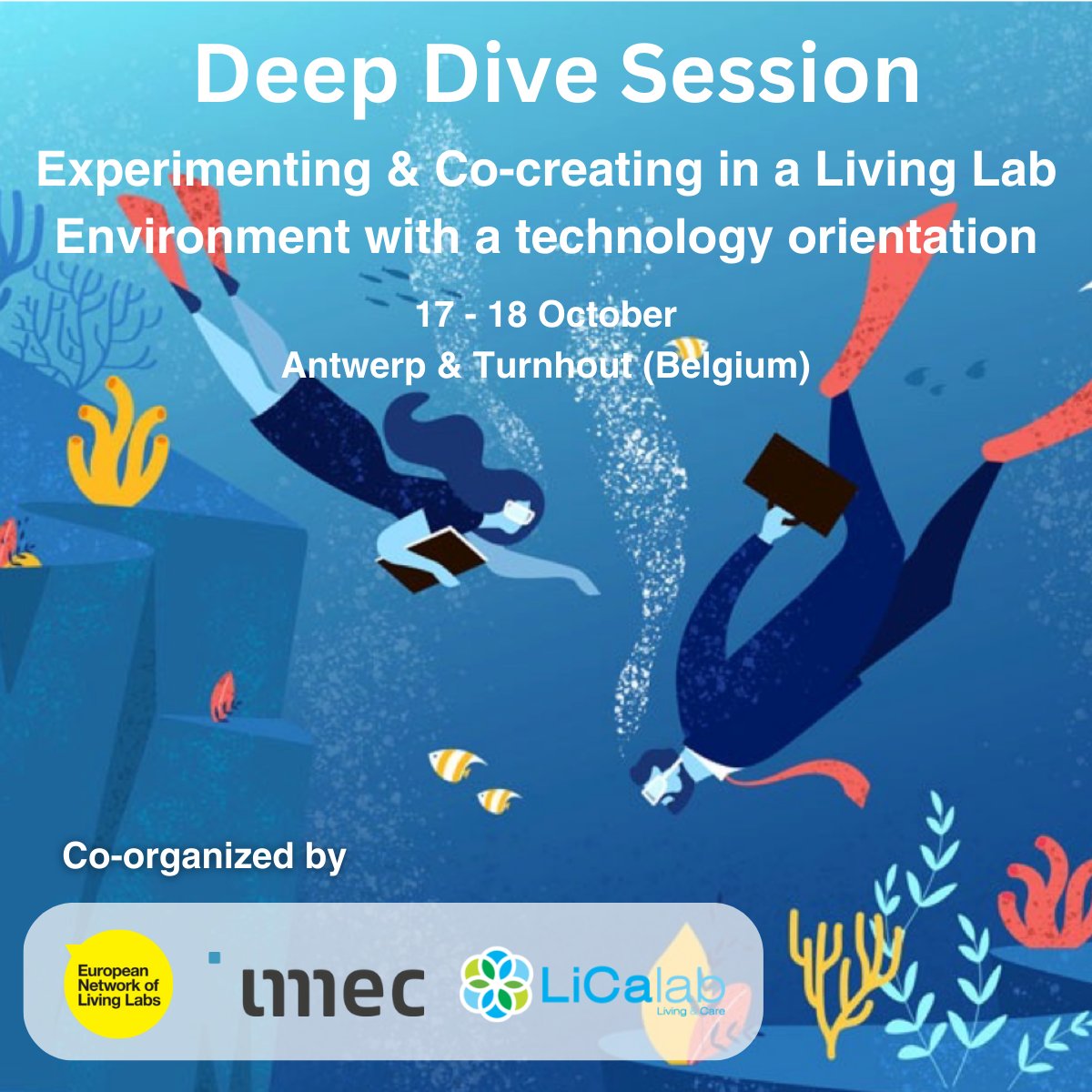 openlivinglabs's tweet photo. 📢The #DeepDiveSession is a 2-days training based on #Cocreation and #Experimentation in the #LivingLab environment.

🔸17 October in Antwerp - @imec_int 
🔸18 October in Turnhout - @LiCalab 

🚨We have only few spots left! Register here by October 10: https://t.co/OiAHEwJ2mN https://t.co/57SRiTfcmR