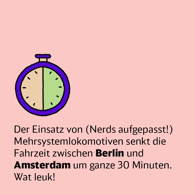 Der Einsatz von (Nerds aufgepasst!) Mehrsystemlokomotiven senkt die Fahrzeit zwischen Berlin und Amsterdam um ganze 30 Minuten. Wat leuk!