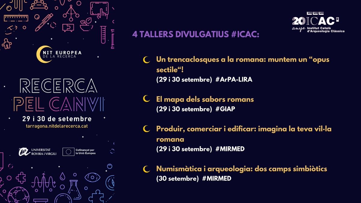 👪Avui comença la Fira de Tallers #NitRecercaTGN23, on podreu experimentar amb la ciència i fer tallers de tota mena 🧪🔬🧩🏺🗺️🔍
 
📍 Pç. Corsini #Tarragona
🗓️ 29/9: 16.30-21 h.
🗓️ 30/9: 10-14 h.

ℹ️ tarragona.nitdelarecerca.cat/ca/programacio

Us hi esperem per gaudir de l'#arqueologia i molt més!