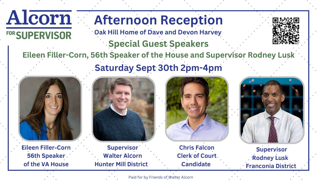Saturday September 30th 2pm-4pm
Excited to have <a href="/EFillerCorn/">Eileen Filler-Corn</a>, <a href="/Lusk4Franconia/">Rodney Lusk</a>, &amp; <a href="/Falcon4Fairfax/">Chris Falcon</a> joining me this weekend in Hunter Mill.  This election couldn't be more important in determining our rights and quality of life here in VA.
RSVP: secure.actblue.com/donate/alcorn_…