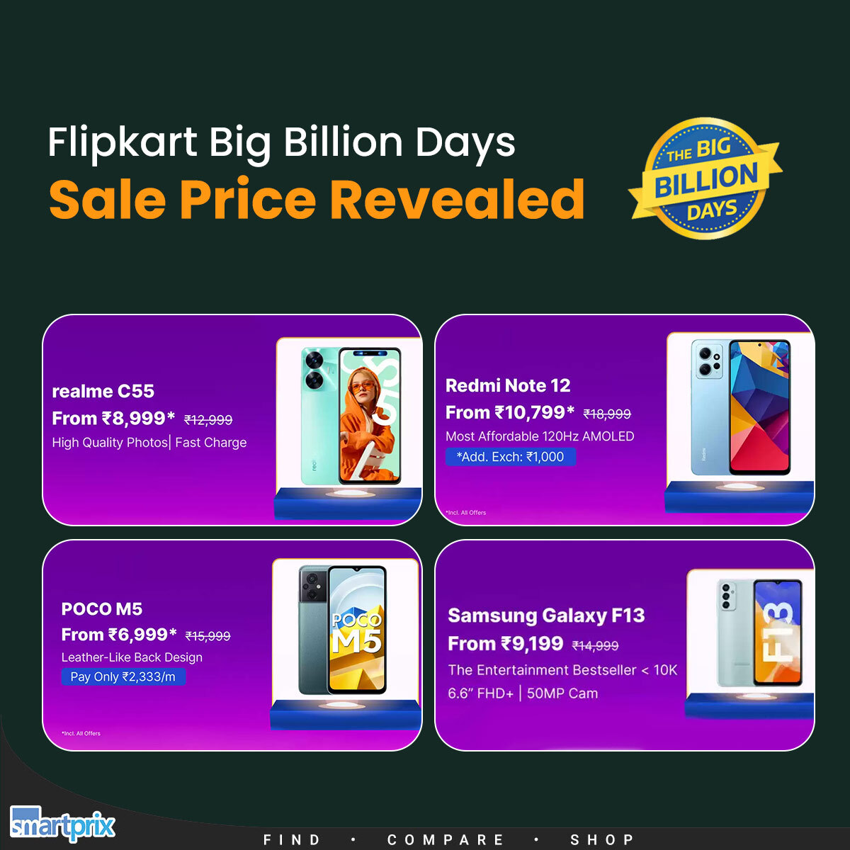 Budget-Friendly Picks smpx.to/MSWDHE #Flipkart #FlipkartBigBillionDays #realmeC55 #RedmiNote12 #PocoM5 #GalaxyF13