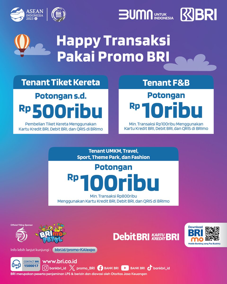 Sobat BRI,
Yuk hadir di Event KAI Expo 2023 tanggal 29 September - 1 Oktober 2023 di Cendrawasih Hall - JCC Senayan. Mampir juga ke Booth BRI &amp; kamu bisa menangin berbagai hadiah menarik!
Kunjungi bbri.id/promo-KAIexpo

#BRI #BRImo #BRImoFSTVL #SemuaPakeBRImo #KAIExpo2023