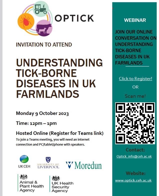 FREE Webinar: Understanding tick-borne diseases in UK farmlands Date: 9th Oct 2023 from 12noon - 1pm Register today ee.kobotoolbox.org/x/VRWz0V93 Further info about the project optick.ceh.ac.uk