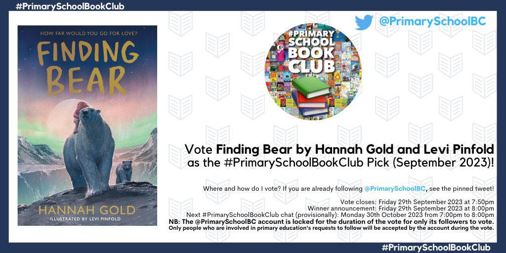 Hannah Gold - here sometimes 🤩 (@hgold_author) on Twitter photo Voting fingers required friends!
Finding Bear has been included in the Sept #PrimarySchoolBookClub
But Bear needs YOUR help. 😃
Pad on over to <a href="/PrimarySchoolBC/">#PrimarySchoolBookClub</a> & vote for it using the pinned tweet!
No pressure but I’ve NEVER won this. Maybe 3rd time lucky?! 🤞🏻
Roars. X Voting fingers required friends!
Finding Bear has been included in the Sept #PrimarySchoolBookClub
But Bear needs YOUR help. 😃
Pad on over to <a href="/PrimarySchoolBC/">#PrimarySchoolBookClub</a> & vote for it using the pinned tweet!
No pressure but I’ve NEVER won this. Maybe 3rd time lucky?! 🤞🏻
Roars. X