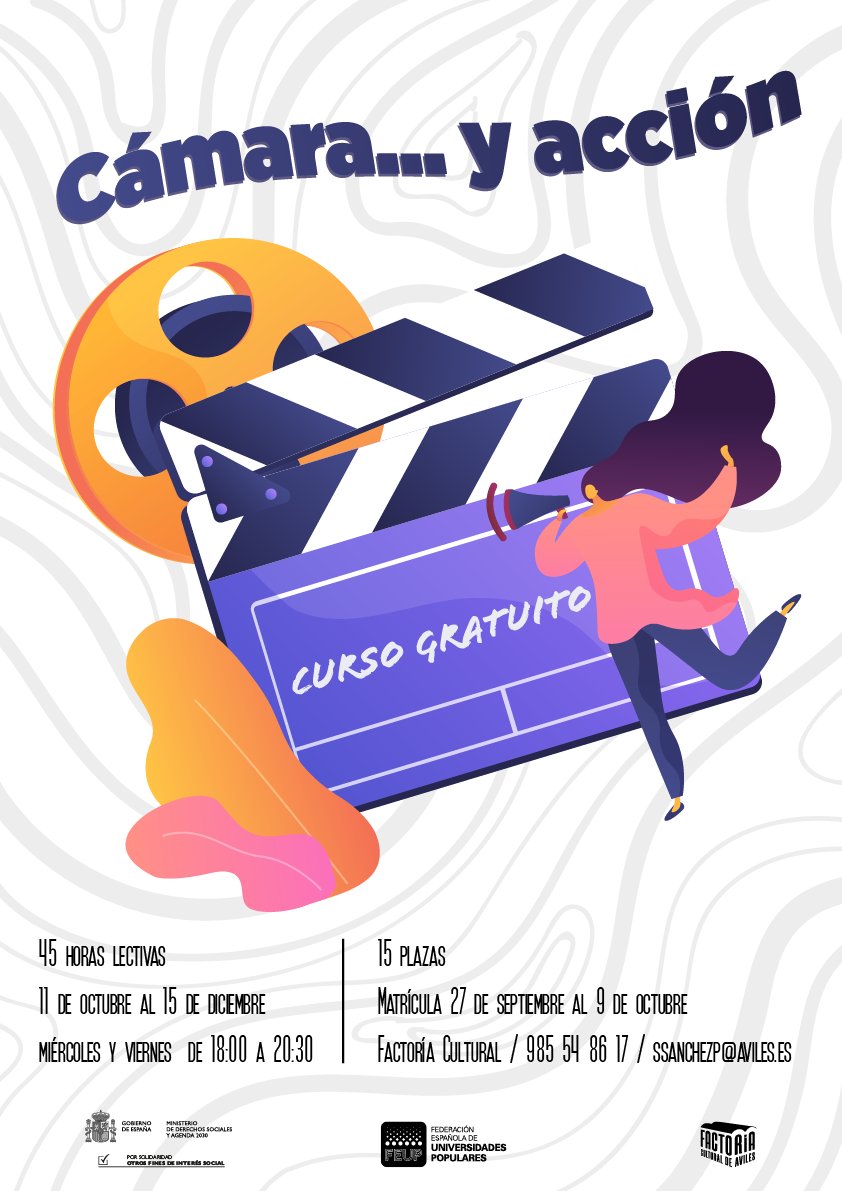 "Cámara y acción" nuevo curso gratuito.

45 horas / 15 plazas
Miércoles y viernes de 18:00 a 20:30
Del 11 de octubre al 15 de diciembre
Matrícula hasta el 9 de octubre