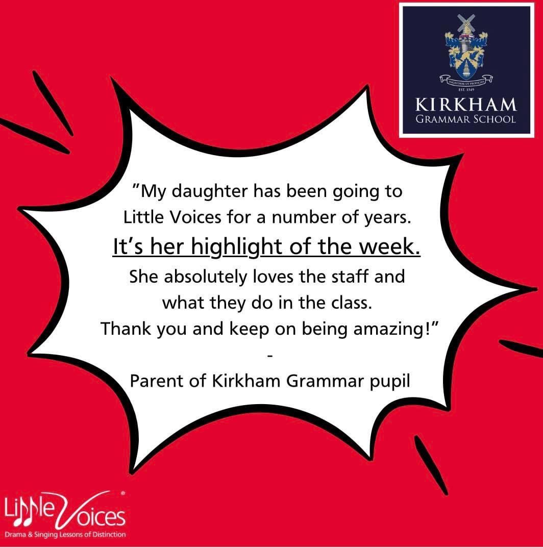 We have been working with @KirkhamGrammar for 4 years now. It’s a wonderful school, giving their pupils a safe place to learn, develop, and explore their creativity with us! Hearing what their parents think about Little Voices is very special. 🎭 🎶 @KGJS_
