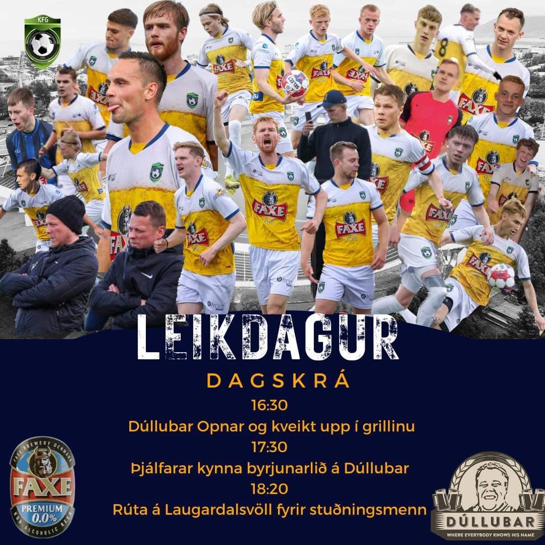 Leikdagur! 🏆

⚽️ Víðir - KFG
⏱️19:15
📍Laugardalsvöllur

Upphitun á Dúllubar kl 16:30 🍔🍻
KFG Treyjan verður til sölu á Dúllubar og á Laugardalsvelli ⚪️🟡⚪️