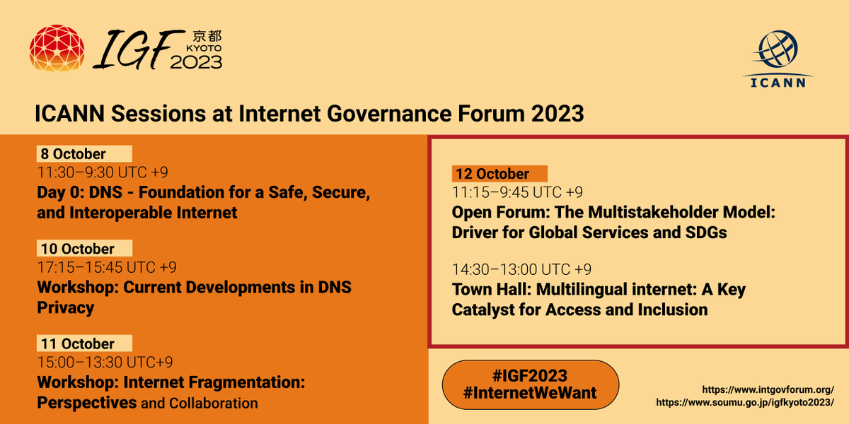 ICANN's tweet photo. #ICANN is leading numerous important discussions at the Internet Governance Forum (@intgovforum), 8–12 October 2023, in Kyoto, Japan and online. #IGF2023

Join us! Check out the schedule below and read our announcement for more information >> https://t.co/MXSBfJc9pK https://t.co/95wIp7l2DJ