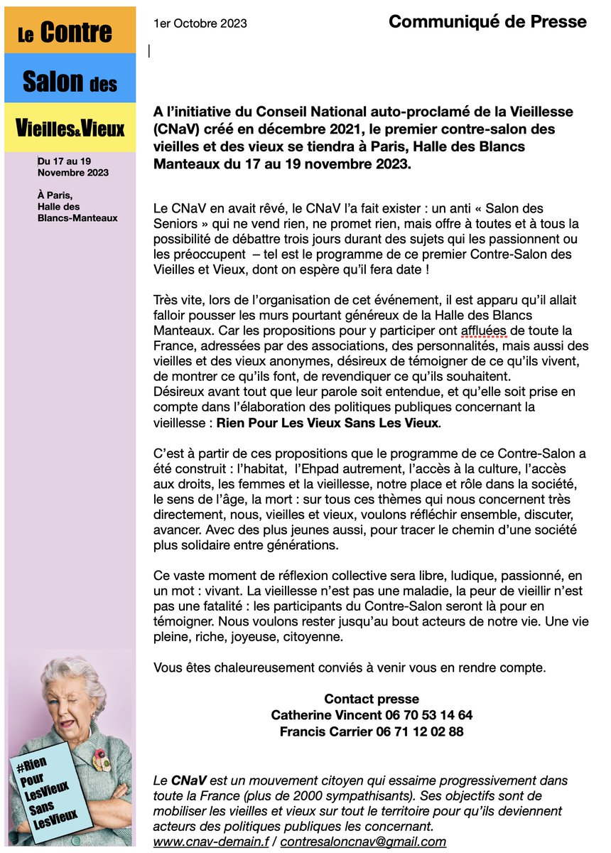 Communiqué de presse
Le contre-salon des vieilles et des vieux
du 17 au 19 novembre à Paris

Une rencontre pas comme les autres !
Programme bientôt disponible
<a href="/JeromeGuedj/">Jérôme Guedj</a> <a href="/mdehennezel/">Marie de Hennezel</a>
