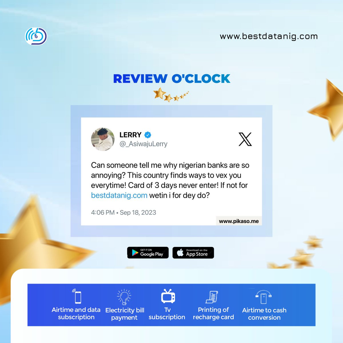 It's review o'clock 🙏🎉⭐⭐⭐⭐
#customerfeedback #customerservice
New Month in a bit! What are your prayers and heart desires? An answer is coming 🥳🔥💯 #happynewmonthinadvance 🎉✨ Bestdata.nig

 #datasubscription #airtimetocash
#BestDataPlug  #tvsubscription #airtimetocash