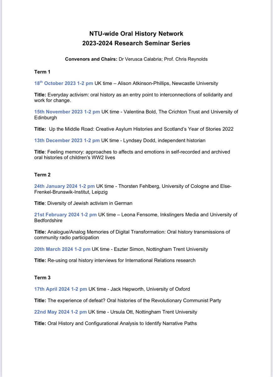 Details of the NTU Oral History Network seminar series for the 2023-24 academic year can be found below. Please spread the word and get in touch with any questions. @Verusca @ntuhum @OHS_HigherEd @ntu_research
