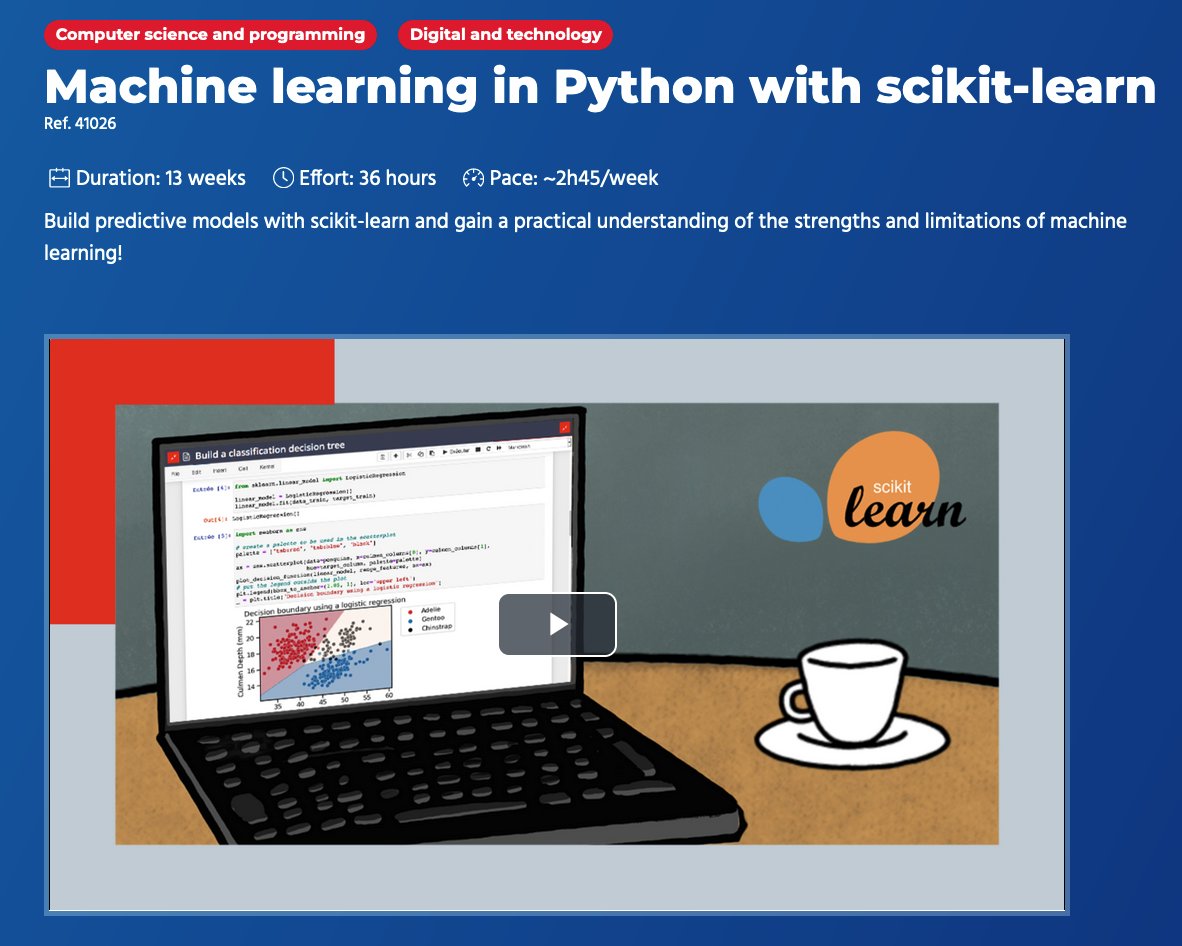 InriaLearnLab's tweet image. 📢The next #ScikitLearnMooc session begins on November 8 in self-paced mode until November 2024! This free online course is taught by #scikitlearn core developers and is accessible to anyone with basic #python programming skills.

Sign up for Session 4 : bit.ly/3fmUzZ0