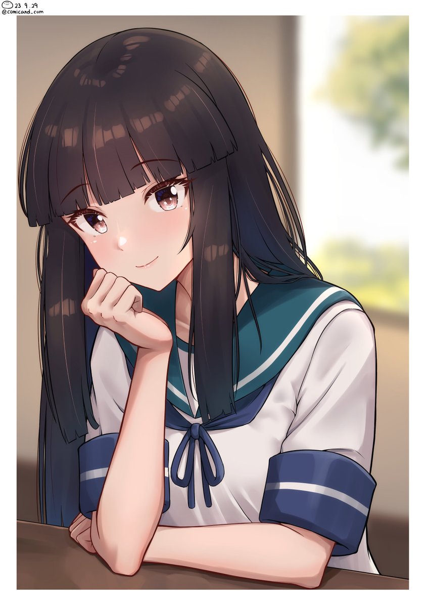hatsuyuki (kancolle) 1girl solo long hair black hair hime cut school uniform serafuku  illustration images