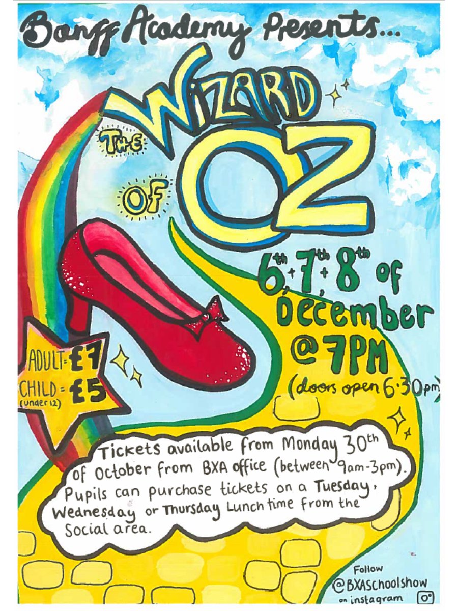 BanffAcademyBXA's tweet photo. Banff Academy are delighted to announce this year’s school show ‘The Wizard of Oz.’ Following on from the success of ‘Footloose’ last year, we are very excited to welcome you back and take you on a trip down the yellow brick road! 🎭 https://t.co/oqMzM6tZlZ