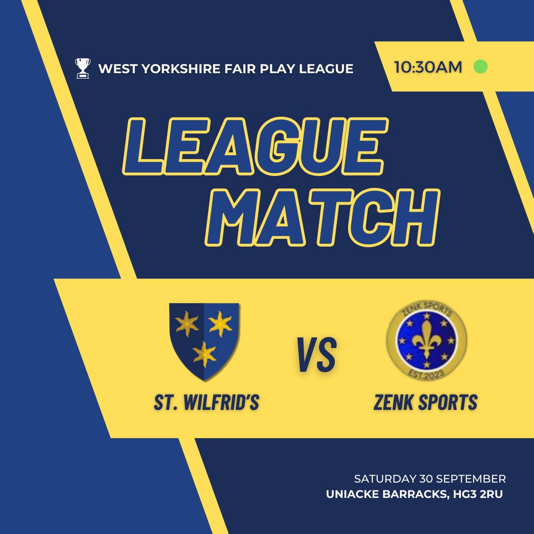StWilfridsFC's tweet photo. League action continues tomorrow as we welcome newcomers Zenk Sports. Looking forward to a good contest against an unknown quantity.

#AWAW 🟡⚫️🔵 https://t.co/cmNhrrR7ea