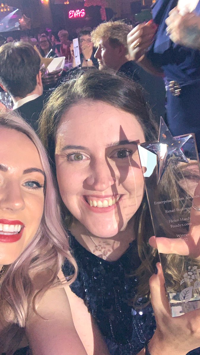 Looking forward to seeing everyone at the <a href="/Eva_Awards/">The EVAs</a> tonight! ✨ Throwback to last year’s Retail Business Winner @helenfootball with the ever-growing <a href="/wearefoudys/">FOUDYS.COM</a> 🏆⚽️