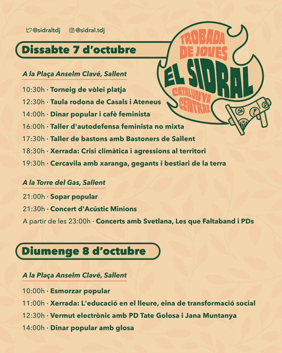 🔥🤩 Sabem que et mors de ganes de conèixer tot el que passarà al #Sidral! 🆕👇🏽 Et deixem la programació de tot el cap de setmana! 

🗣️👥 Xerrades, cultura popular, concerts,… i molt més! El 7 i 8 d’octubre ens veiem a #Sallent! 

🌐✊🏽 Les joves decidim el nostre futur!