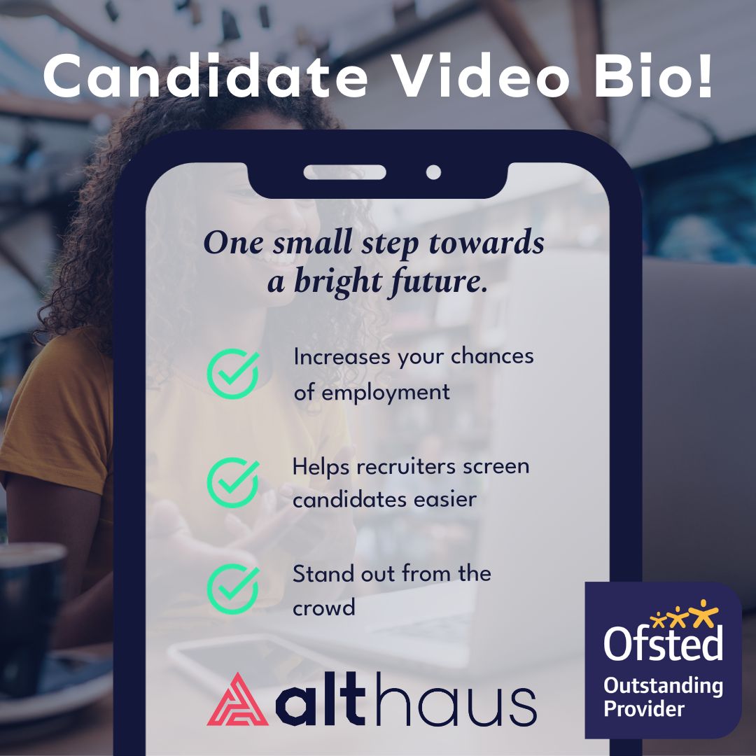 AlthausDigital's tweet photo. Candidate Video Bio! ๐ฆ๐ก
Our video bio platform is shared with top candidates within our bootcamps and apprenticeships talent pools, enabling them to create personal video bios to support their traditional CV.
Start your future today! โก๏ธ talent@althausdigital.co.uk
#videobio https://t.co/vPPFdtMkuB