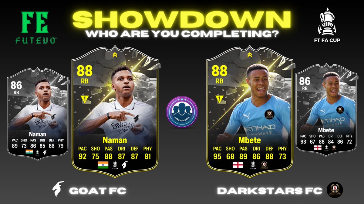 FTFACup's tweet photo. ๐จ | @FTFACup X @FutEvoStudios
We are delighted to present the showdown promo for the #FTFACup final between @GoatFCclub and @DarkStarsFT
Keep your eyes on @NamanRMCF and @Mbete_szn_79 as they battle for supremacy. The winner will receive an upgraded card
Who are you picking? https://t.co/jmBQPCZNey