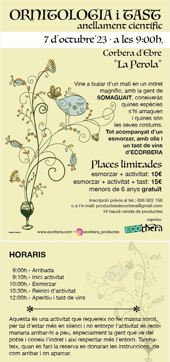SomAguait's tweet photo. El pròxim dissabte 7 d'octubre a Corbera d'Ebre tenim un anellament, esmorzar i tast de vins amb la gent d'Ecorbera!

Dos mons com l'ocellaire i gastronòmic junts en un mateix matí 😍

Si voleu acabar d'aprofitar el cap de setmana teniu un munt d'opcions

(1 de 2) https://t.co/vExRobrluI