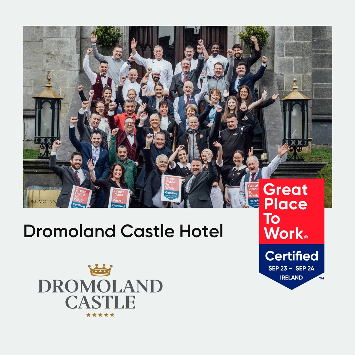 CERTIFICATION 🏅| Well done to Dromoland Castle Hotel (@DromolandCastle) for being Certified™ as a #greatplacetowork again! Congratulations to the team for this fantastic achievement! Check out their great culture 👉 hubs.ly/Q0235JVy0 #gptw #greatplacetowork