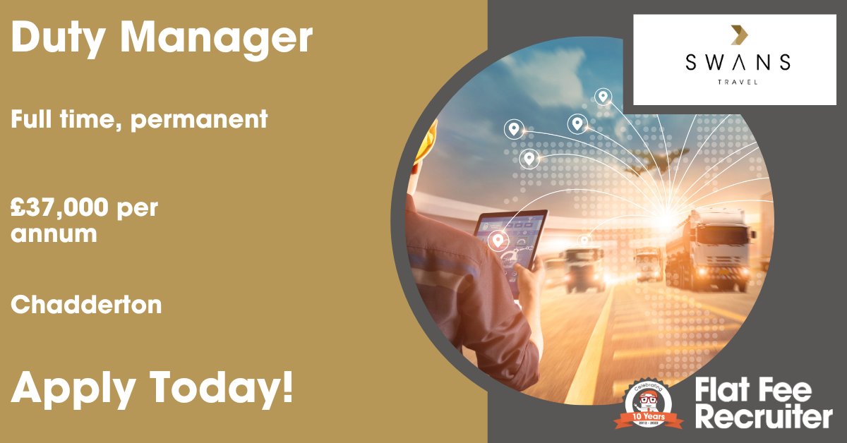Join the dedicated team at Swans Travel Limited as a Duty Manager, ensuring smooth operations while upholding the highest standards of safety and service across their fleet.

Apply now at: eu1.hubs.ly/H05y9fT0

#dutymanager #operationsjobs #logisticjobs