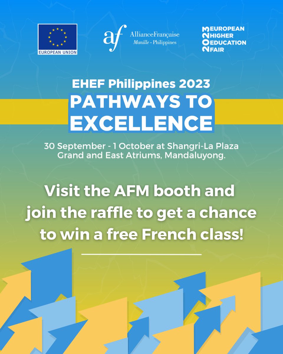 AFManille's tweet image. The European Higher Education Fair is back this 2023! Visit the AFM booth from September 30 to October 1 from 10:30 AM to 6:00 PM at EDSA Shangri-La Plaza.

To know more, visit 👇
EHEF website: ehefphilippines.com 
AFM website: alliance.ph

#EHEF2023
#StudyInEU