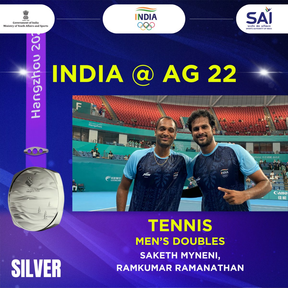 Bravo Boys!
Making the nation proud  @ramkumar1994 and @SakethMyneni have won the Silver medal in Tennis Men's Doubles at the #AsianGames. All my best wishes to you in your future endeavours.