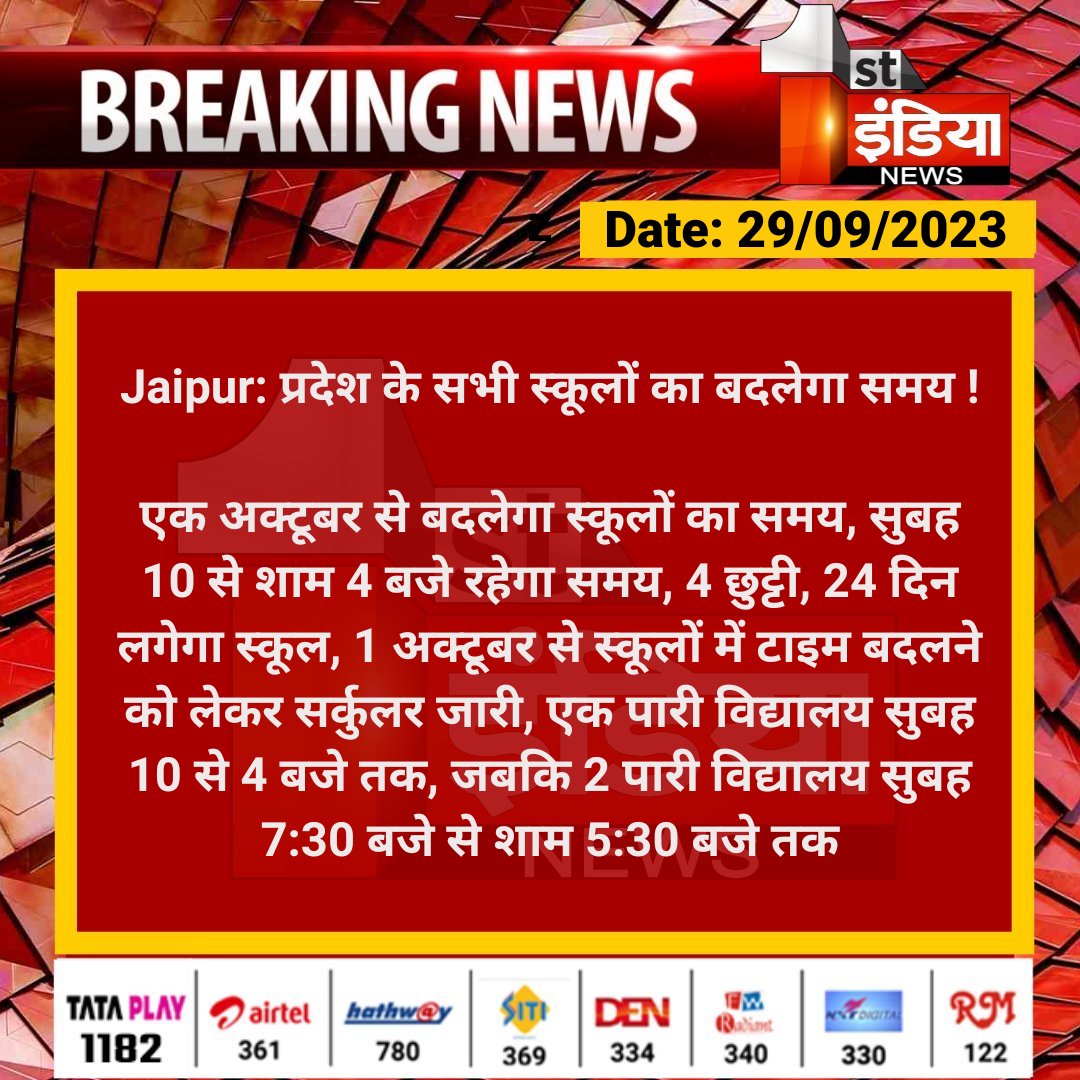 1stIndiaNews's tweet photo. #Jaipur: प्रदेश के सभी स्कूलों का बदलेगा समय !

एक अक्टूबर से बदलेगा स्कूलों का समय, सुबह 10 से शाम 4 बजे रहेगा समय, 4 छुट्टी, 24 दिन लगेगा स्कूल, 1 अक्टूबर से स्कूलों में टाइम बदलने...

@DrBDKallaINC @RajGovOfficial @i_dimplesharma https://t.co/TRydH8pyZA