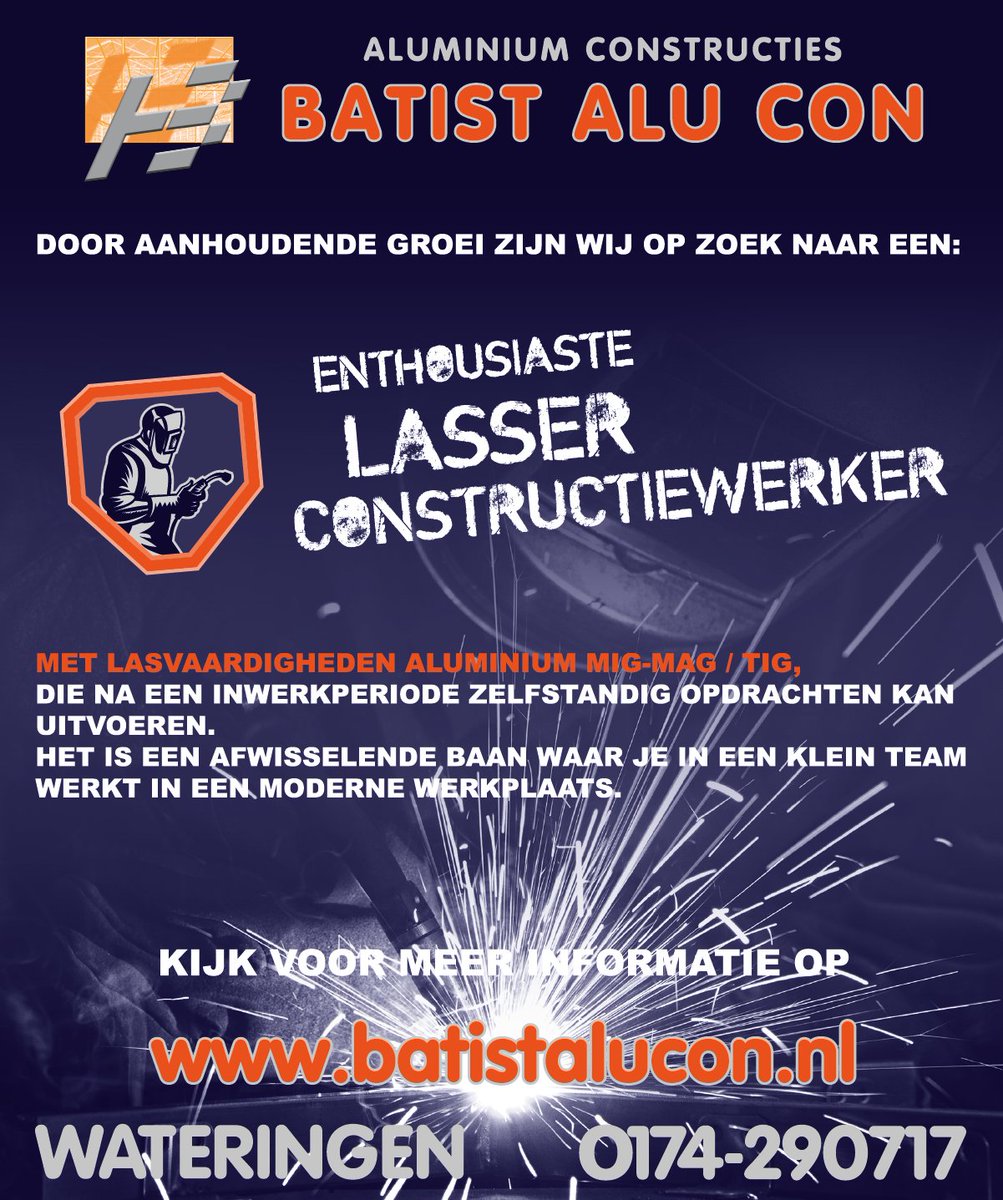 Batistkas's tweet photo. Vanwege aanhoudende drukte zijn wij per direct op zoek naar een allround aluminium lasser / constructiewerker. Deze ervaren techneut gaat onze werkplaats versterken vanuit onze moderne productiehal in Wateringen. Zoek jij een nieuwe uitdaging?  Reageer snel en maak een afspraak. https://t.co/Y8pJu3j85t