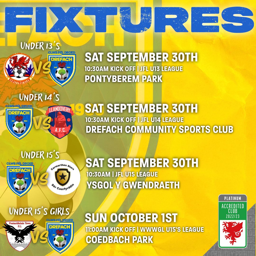 𝗕𝘂𝘀𝘆 𝘄𝗲𝗲𝗸𝗲𝗻𝗱 𝗮𝗵𝗲𝗮𝗱 𝗳𝗼𝗿 𝘁𝗵𝗲 𝗰𝗹𝘂𝗯…🗓️

Good luck to all our teams for this weekend! Byddwn yn werthfawrogi eich cefnogaeth👊🏻

🟡🔵 | #WeAreDrefach #NiYwDrefach